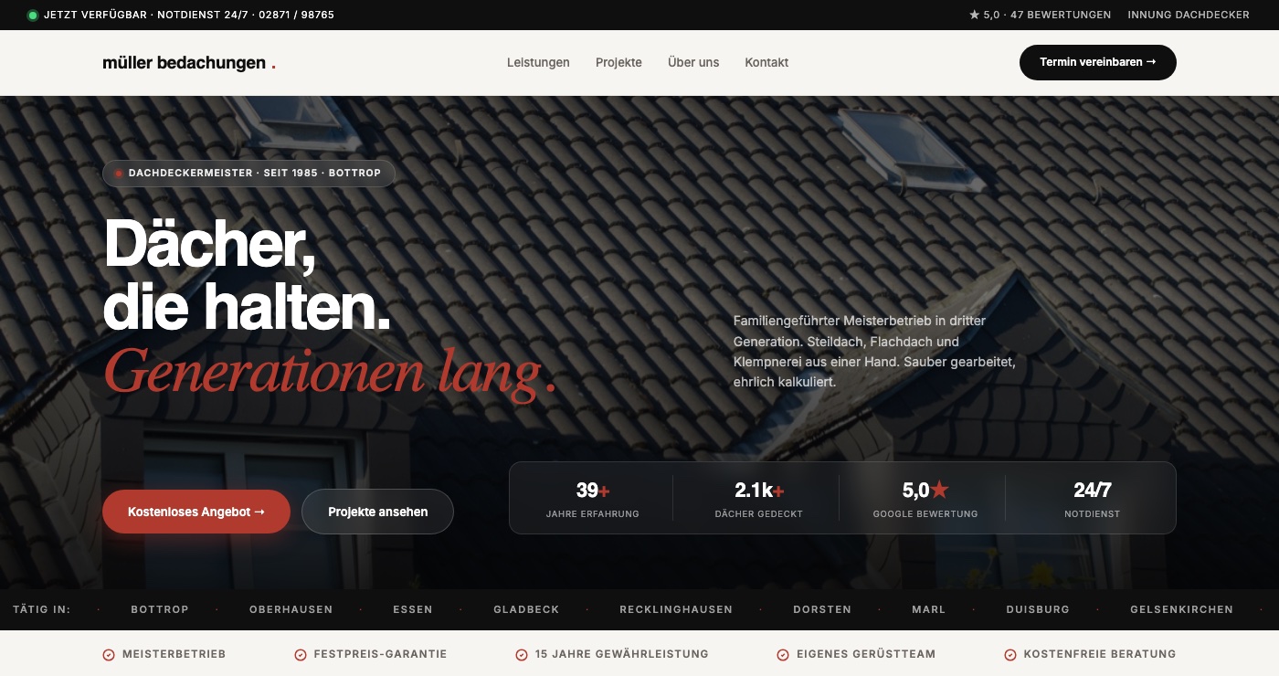 Individuelle Website eines Dachdeckers