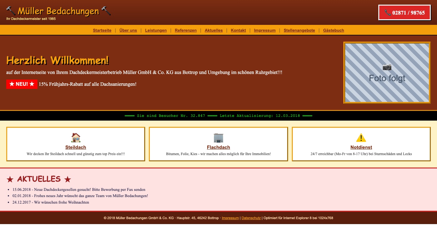 Typische Wix-Website eines Dachdeckers